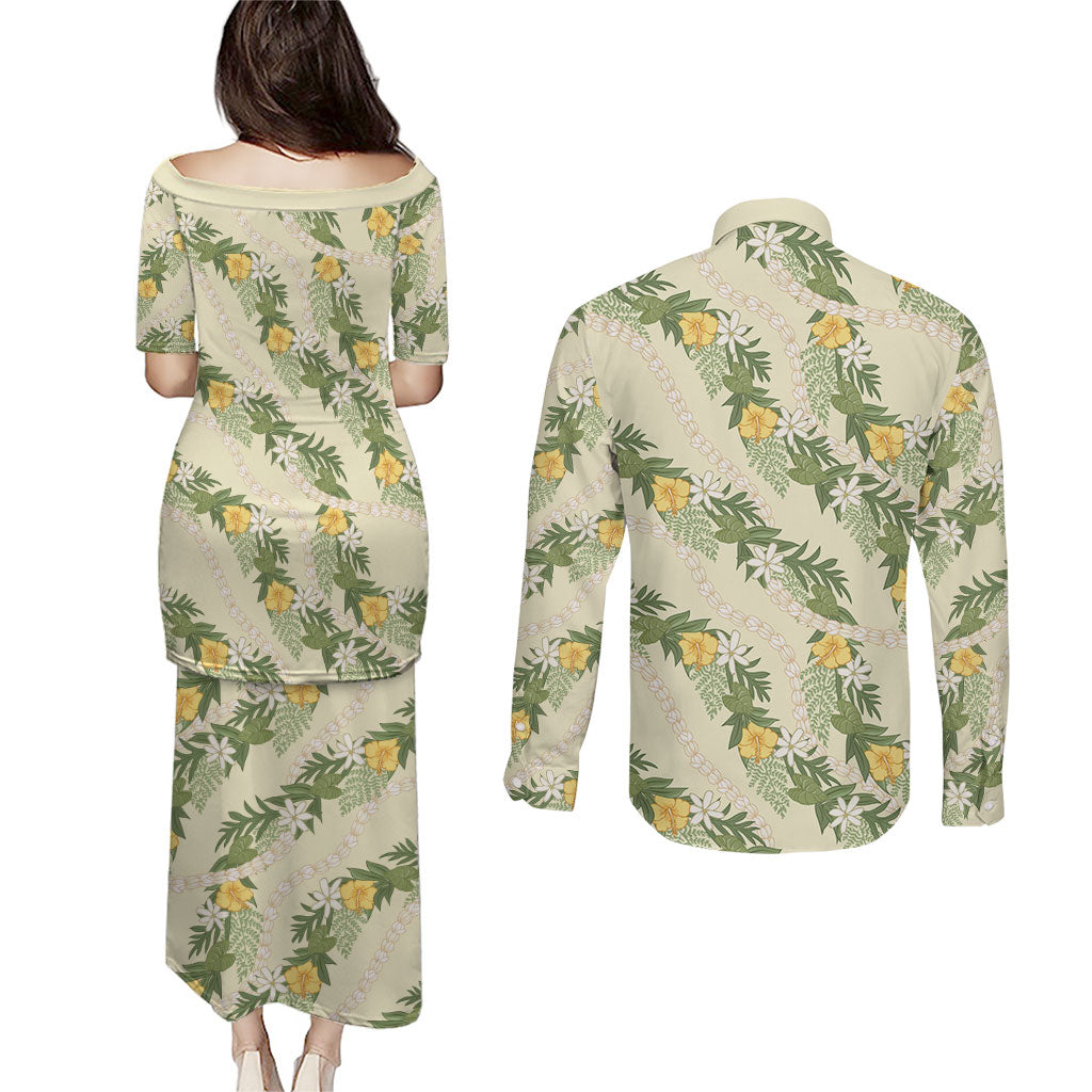 Hawaiian Pikake Maile Lei Couples Matching Puletasi and Long Sleeve Button Shirt Tiare Hibiscus Kalo Palapalai Leaf Beige