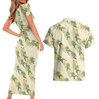 Hawaiian Pikake Maile Lei Couples Matching Short Sleeve Bodycon Dress and Hawaiian Shirt Tiare Hibiscus Kalo Palapalai Leaf Beige