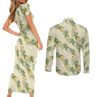 Hawaiian Pikake Maile Lei Couples Matching Short Sleeve Bodycon Dress and Long Sleeve Button Shirt Tiare Hibiscus Kalo Palapalai Leaf Beige