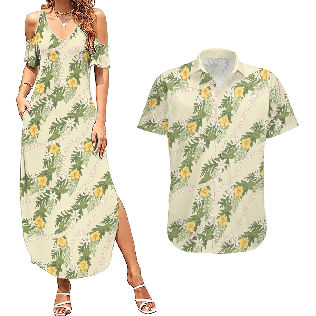 Hawaiian Pikake Maile Lei Couples Matching Summer Maxi Dress and Hawaiian Shirt Tiare Hibiscus Kalo Palapalai Leaf Beige