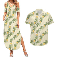 Hawaiian Pikake Maile Lei Couples Matching Summer Maxi Dress and Hawaiian Shirt Tiare Hibiscus Kalo Palapalai Leaf Beige