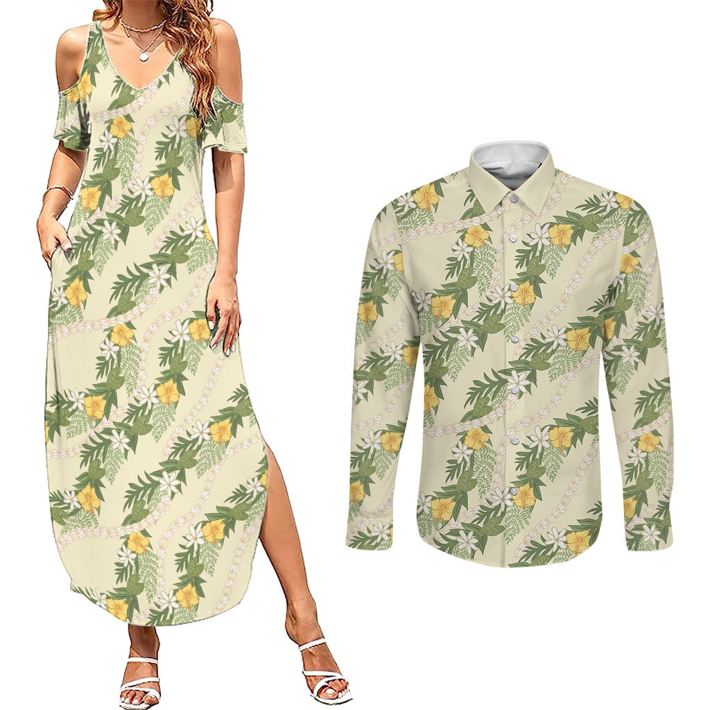 Hawaiian Pikake Maile Lei Couples Matching Summer Maxi Dress and Long Sleeve Button Shirt Tiare Hibiscus Kalo Palapalai Leaf Beige