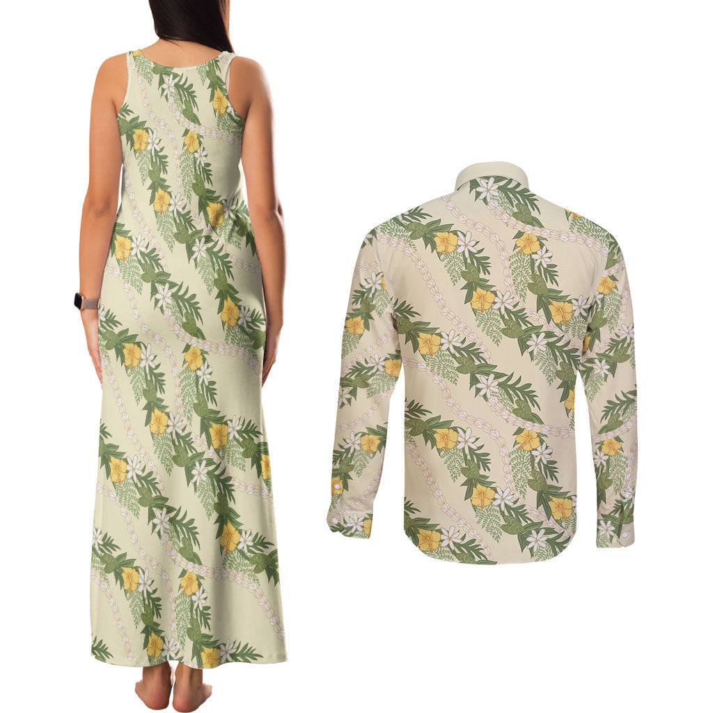 Hawaiian Pikake Maile Lei Couples Matching Tank Maxi Dress and Long Sleeve Button Shirt Tiare Hibiscus Kalo Palapalai Leaf Beige