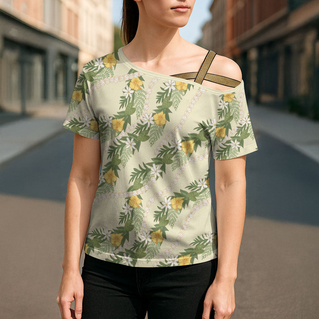 Hawaiian Pikake Maile Lei Cross Shoulder Shirt Tiare Hibiscus Kalo Palapalai Leaf Beige