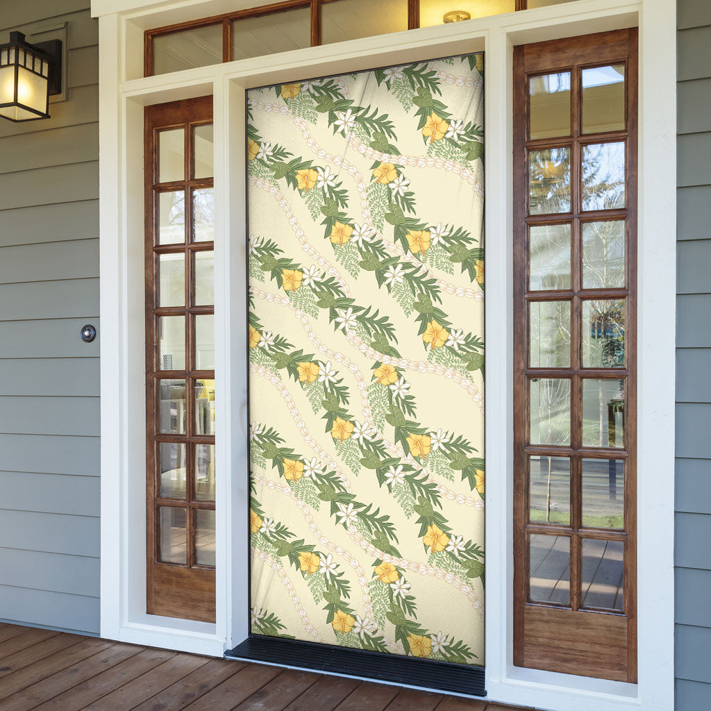 Hawaiian Pikake Maile Lei Door Cover Tiare Hibiscus Kalo Palapalai Leaf Beige LT19 - Polynesian Pride