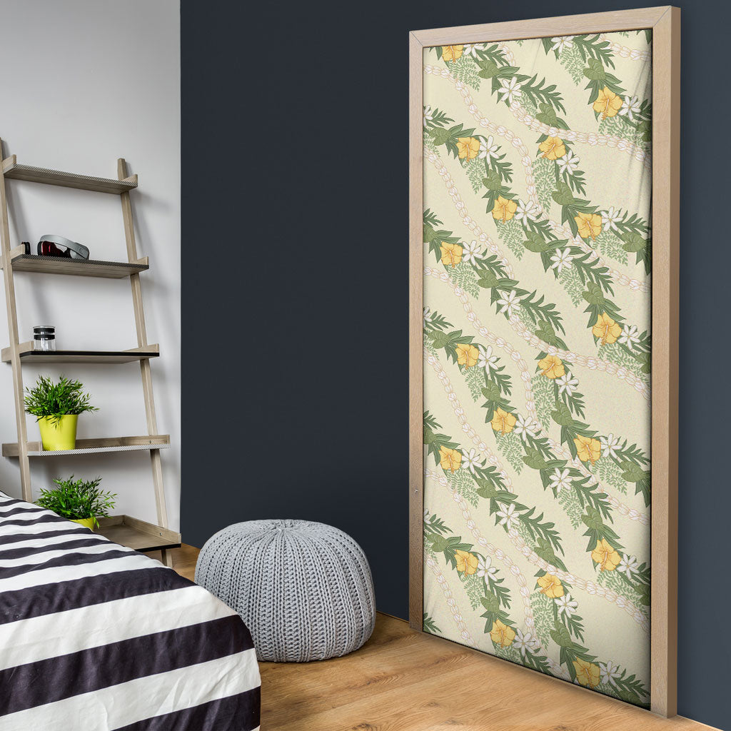 Hawaiian Pikake Maile Lei Door Cover Tiare Hibiscus Kalo Palapalai Leaf Beige LT19 - Polynesian Pride