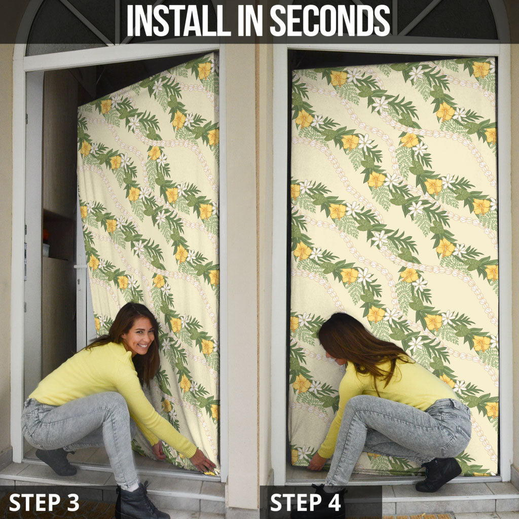 Hawaiian Pikake Maile Lei Door Cover Tiare Hibiscus Kalo Palapalai Leaf Beige LT19 - Polynesian Pride