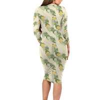 Hawaiian Pikake Maile Lei Family Matching Long Sleeve Bodycon Dress and Hawaiian Shirt Tiare Hibiscus Kalo Palapalai Leaf Beige