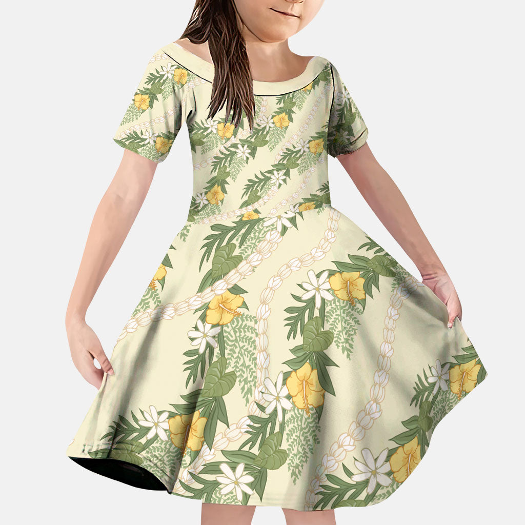 Hawaiian Pikake Maile Lei Family Matching Off The Shoulder Long Sleeve Dress and Hawaiian Shirt Tiare Hibiscus Kalo Palapalai Leaf Beige LT19 Daughter's Dress Beige - Polynesian Pride