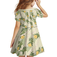 Hawaiian Pikake Maile Lei Family Matching Off The Shoulder Long Sleeve Dress and Hawaiian Shirt Tiare Hibiscus Kalo Palapalai Leaf Beige LT19 - Polynesian Pride