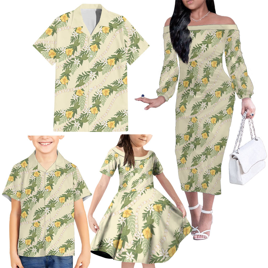 Hawaiian Pikake Maile Lei Family Matching Off The Shoulder Long Sleeve Dress and Hawaiian Shirt Tiare Hibiscus Kalo Palapalai Leaf Beige LT19 - Polynesian Pride