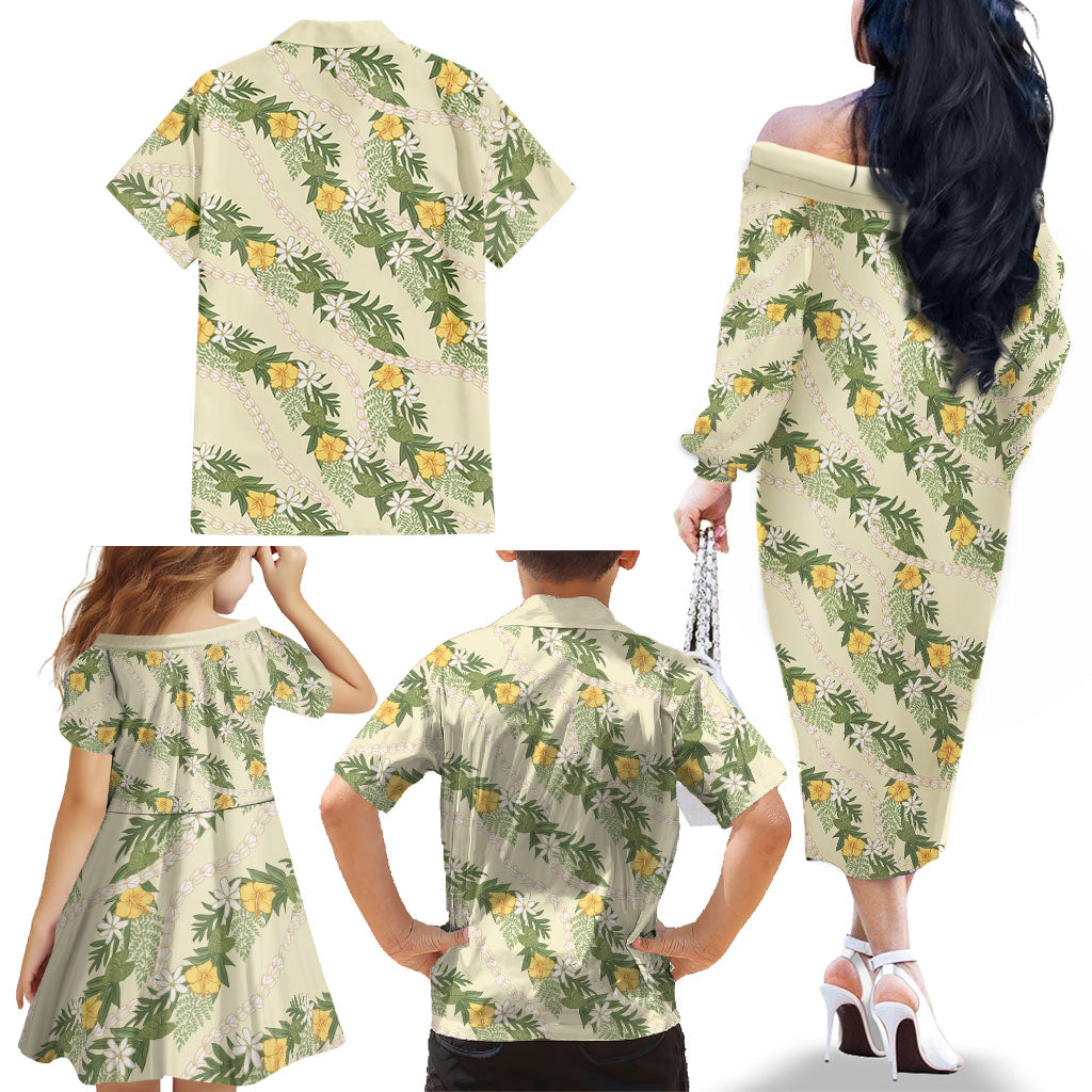 Hawaiian Pikake Maile Lei Family Matching Off The Shoulder Long Sleeve Dress and Hawaiian Shirt Tiare Hibiscus Kalo Palapalai Leaf Beige LT19 - Polynesian Pride