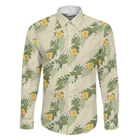 Hawaiian Pikake Maile Lei Family Matching Off The Shoulder Long Sleeve Dress and Hawaiian Shirt Tiare Hibiscus Kalo Palapalai Leaf Beige LT19 Dad's Shirt - Long Sleeve Beige - Polynesian Pride