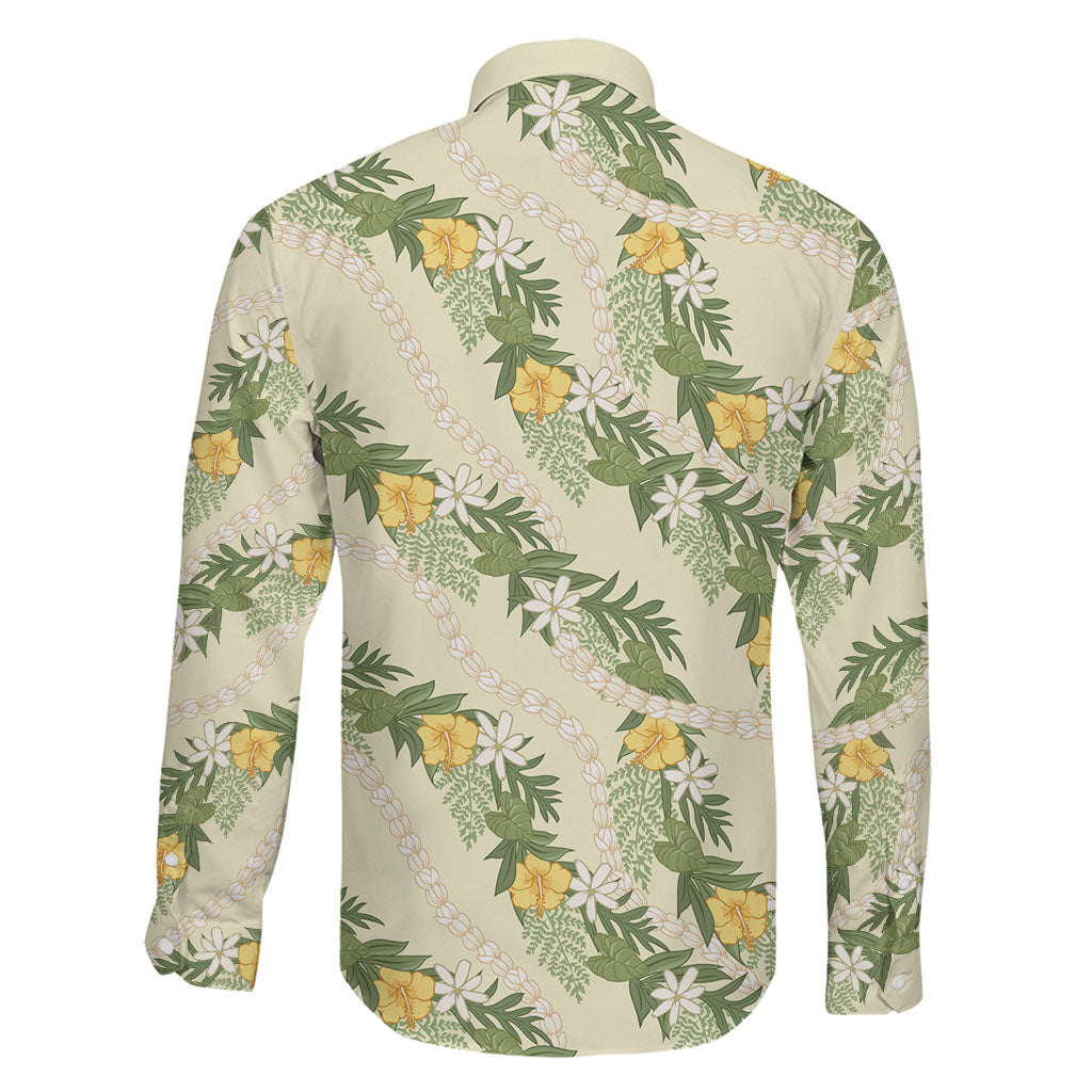 Hawaiian Pikake Maile Lei Family Matching Off The Shoulder Long Sleeve Dress and Hawaiian Shirt Tiare Hibiscus Kalo Palapalai Leaf Beige LT19 - Polynesian Pride