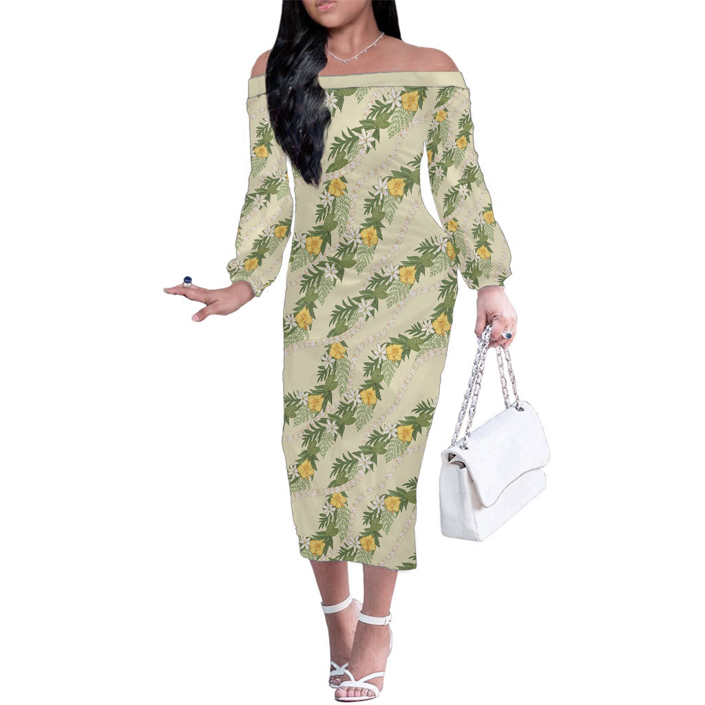 Hawaiian Pikake Maile Lei Family Matching Off The Shoulder Long Sleeve Dress and Hawaiian Shirt Tiare Hibiscus Kalo Palapalai Leaf Beige LT19 Mom's Dress Beige - Polynesian Pride