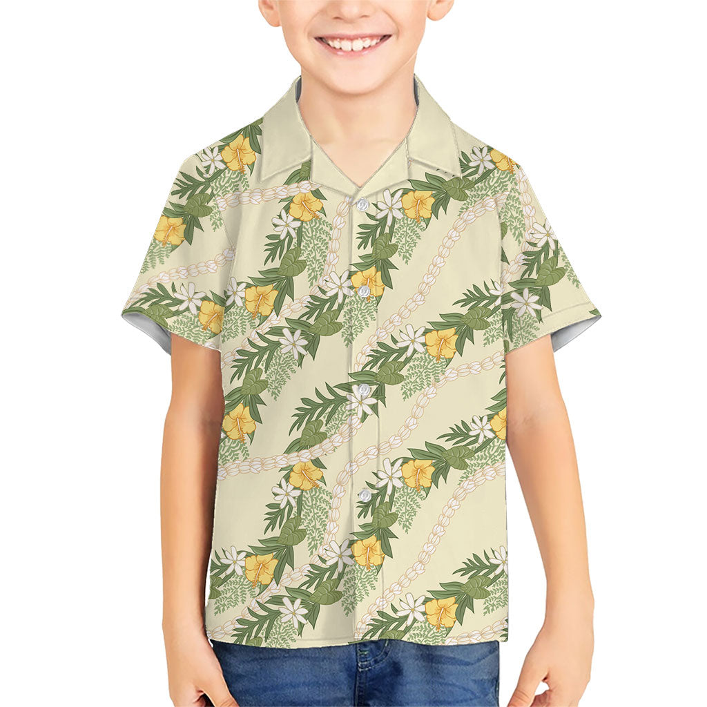Hawaiian Pikake Maile Lei Family Matching Off The Shoulder Long Sleeve Dress and Hawaiian Shirt Tiare Hibiscus Kalo Palapalai Leaf Beige LT19 Son's Shirt Beige - Polynesian Pride