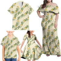 Hawaiian Pikake Maile Lei Family Matching Off Shoulder Maxi Dress and Hawaiian Shirt Tiare Hibiscus Kalo Palapalai Leaf Beige
