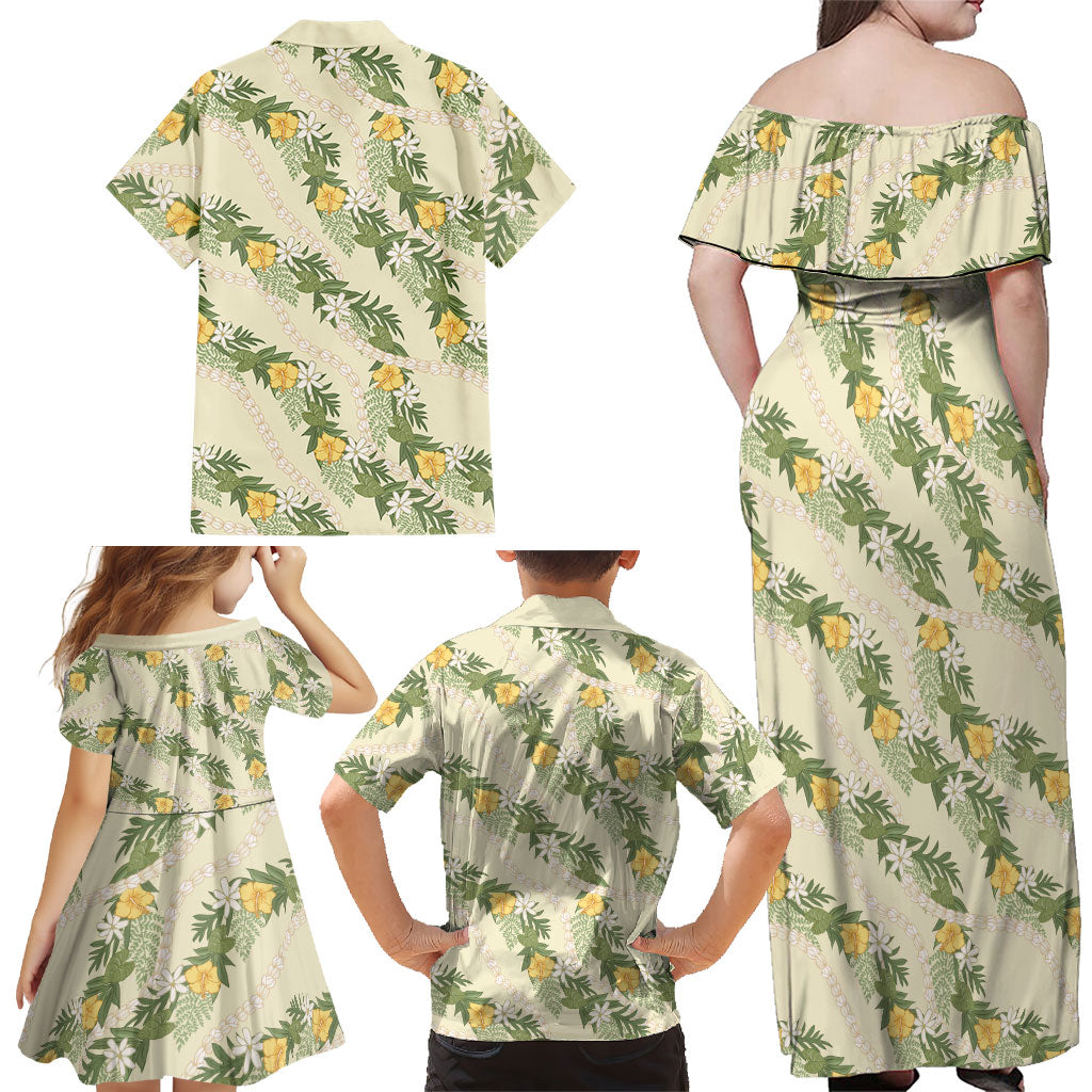 Hawaiian Pikake Maile Lei Family Matching Off Shoulder Maxi Dress and Hawaiian Shirt Tiare Hibiscus Kalo Palapalai Leaf Beige