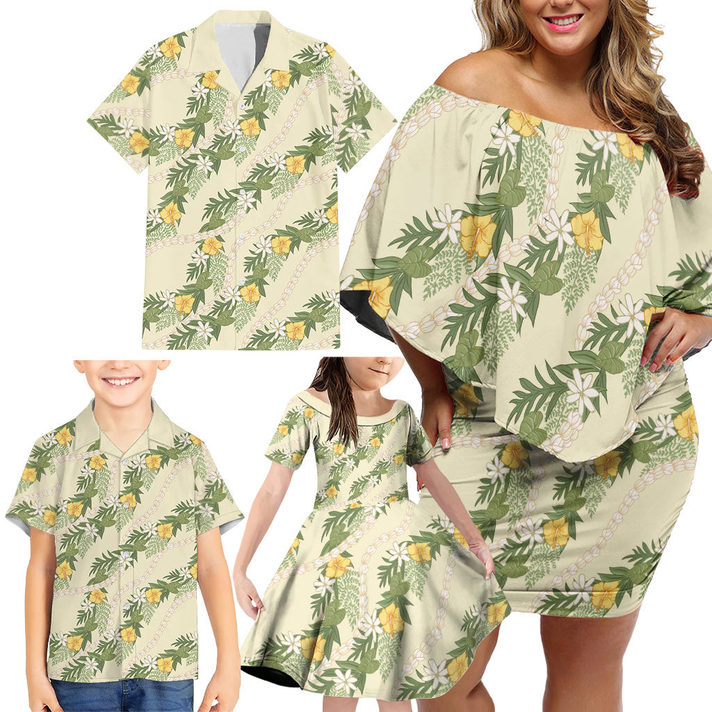 Hawaiian Pikake Maile Lei Family Matching Off Shoulder Short Dress and Hawaiian Shirt Tiare Hibiscus Kalo Palapalai Leaf Beige