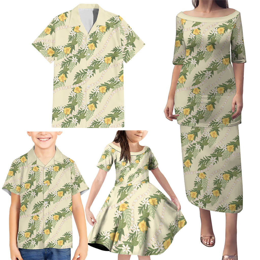 Hawaiian Pikake Maile Lei Family Matching Puletasi and Hawaiian Shirt Tiare Hibiscus Kalo Palapalai Leaf Beige