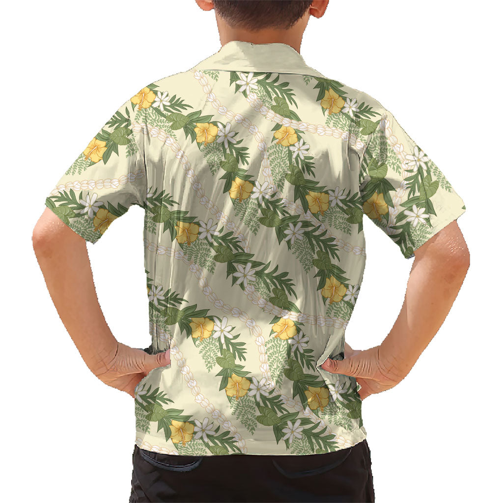 Hawaiian Pikake Maile Lei Family Matching Short Sleeve Bodycon Dress and Hawaiian Shirt Tiare Hibiscus Kalo Palapalai Leaf Beige LT19 - Polynesian Pride