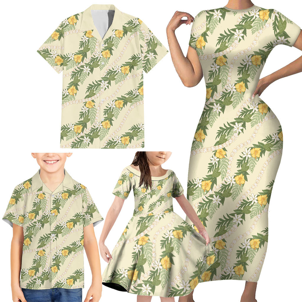 Hawaiian Pikake Maile Lei Family Matching Short Sleeve Bodycon Dress and Hawaiian Shirt Tiare Hibiscus Kalo Palapalai Leaf Beige LT19 - Polynesian Pride