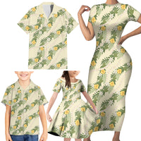 Hawaiian Pikake Maile Lei Family Matching Short Sleeve Bodycon Dress and Hawaiian Shirt Tiare Hibiscus Kalo Palapalai Leaf Beige LT19 - Polynesian Pride