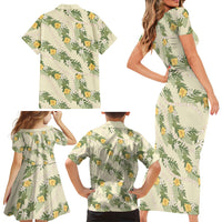Hawaiian Pikake Maile Lei Family Matching Short Sleeve Bodycon Dress and Hawaiian Shirt Tiare Hibiscus Kalo Palapalai Leaf Beige LT19 - Polynesian Pride
