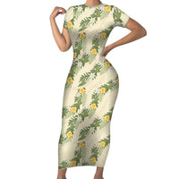 Hawaiian Pikake Maile Lei Family Matching Short Sleeve Bodycon Dress and Hawaiian Shirt Tiare Hibiscus Kalo Palapalai Leaf Beige LT19 Mom's Dress Beige - Polynesian Pride