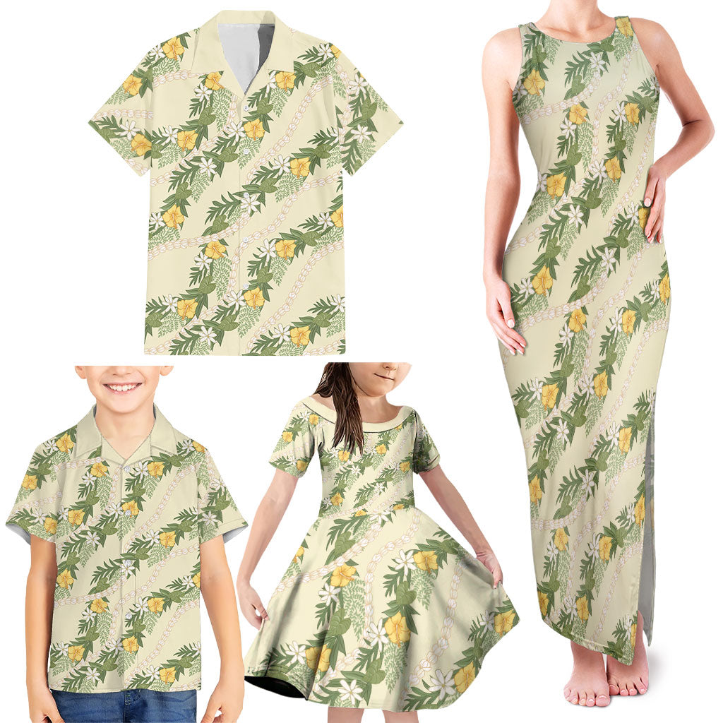 Hawaiian Pikake Maile Lei Family Matching Tank Maxi Dress and Hawaiian Shirt Tiare Hibiscus Kalo Palapalai Leaf Beige