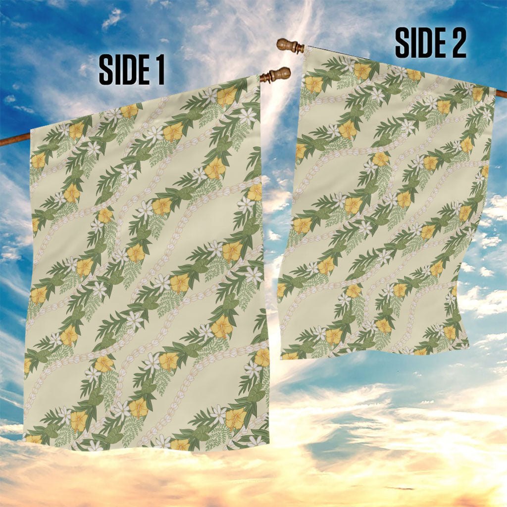 Hawaiian Pikake Maile Lei Garden Flag Tiare Hibiscus Kalo Palapalai Leaf Beige