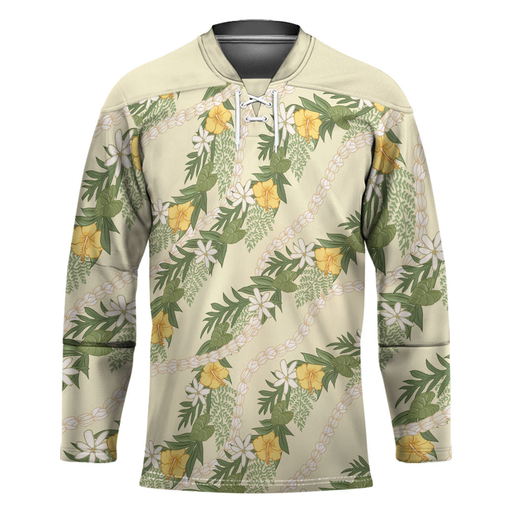 Hawaiian Pikake Maile Lei Hockey Jersey Tiare Hibiscus Kalo Palapalai Leaf Beige LT19 Unisex Beige - Polynesian Pride