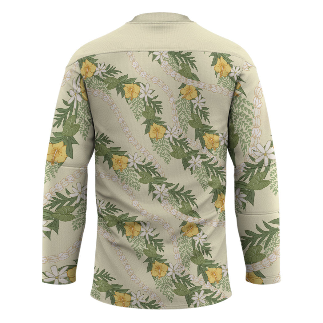 Hawaiian Pikake Maile Lei Hockey Jersey Tiare Hibiscus Kalo Palapalai Leaf Beige LT19 - Polynesian Pride