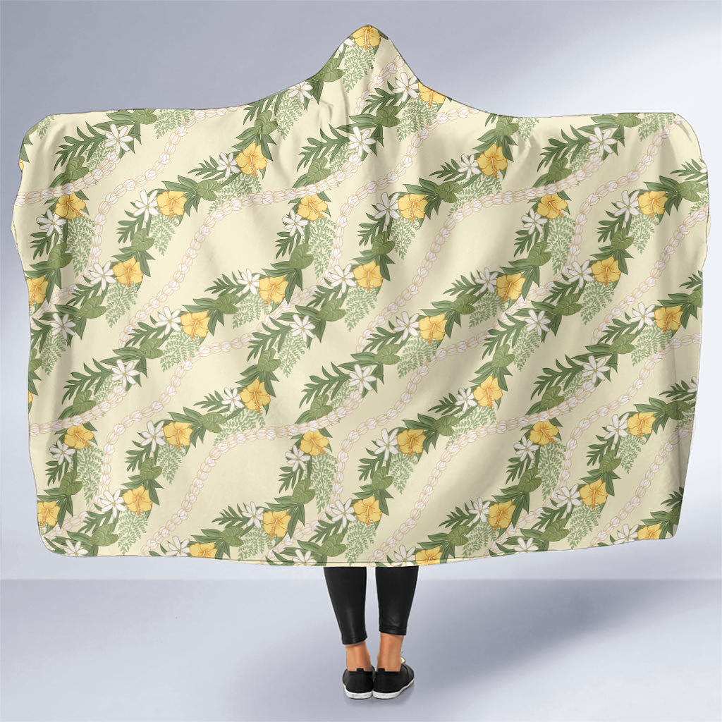 Hawaiian Pikake Maile Lei Hooded Blanket Tiare Hibiscus Kalo Palapalai Leaf Beige
