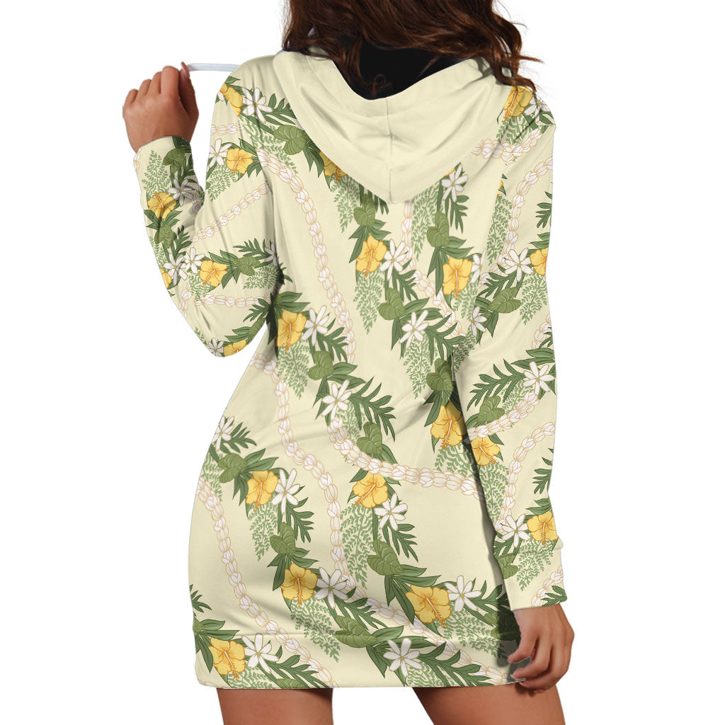 Hawaiian Pikake Maile Lei Hoodie Dress Tiare Hibiscus Kalo Palapalai Leaf Beige