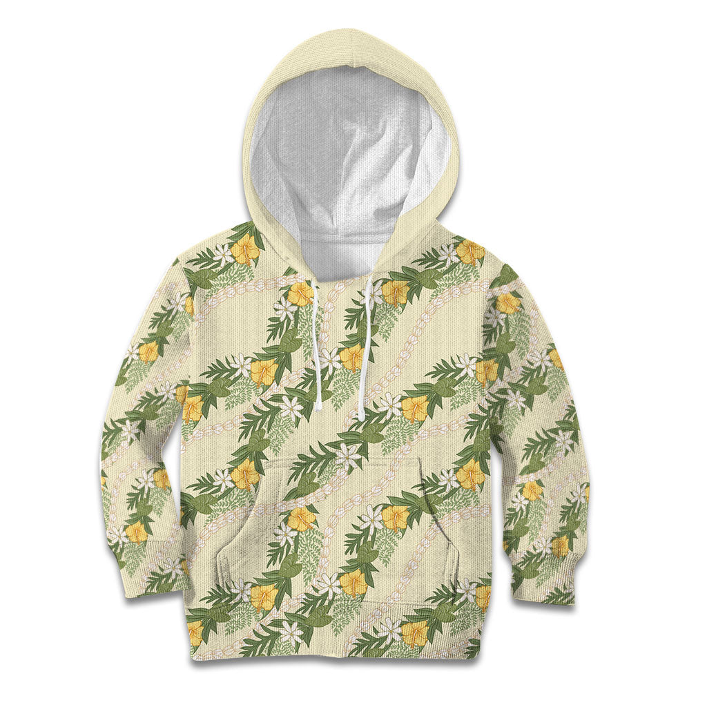 Hawaiian Pikake Maile Lei Kid Hoodie Tiare Hibiscus Kalo Palapalai Leaf Beige LT19 Hoodie Beige - Polynesian Pride