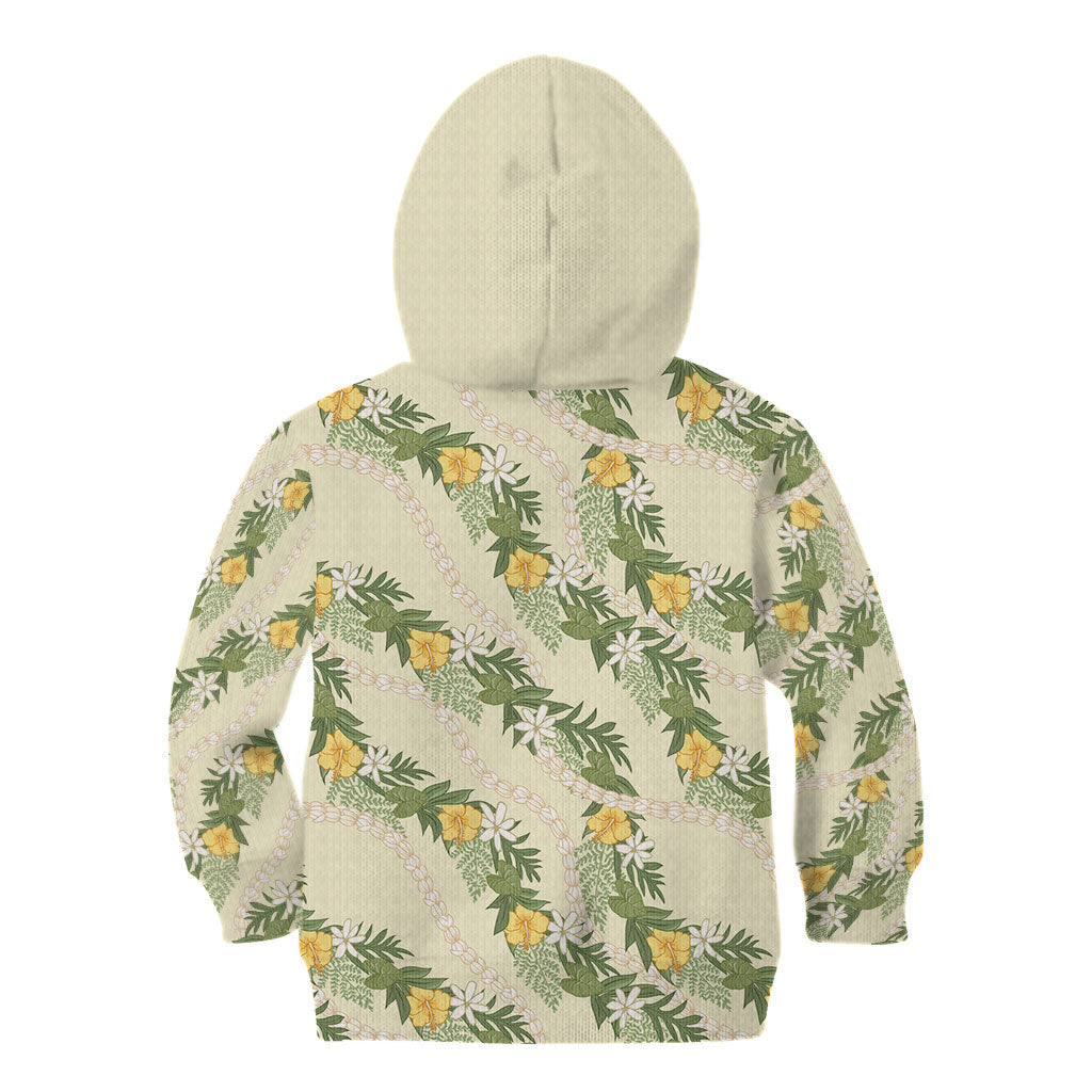Hawaiian Pikake Maile Lei Kid Hoodie Tiare Hibiscus Kalo Palapalai Leaf Beige LT19 - Polynesian Pride