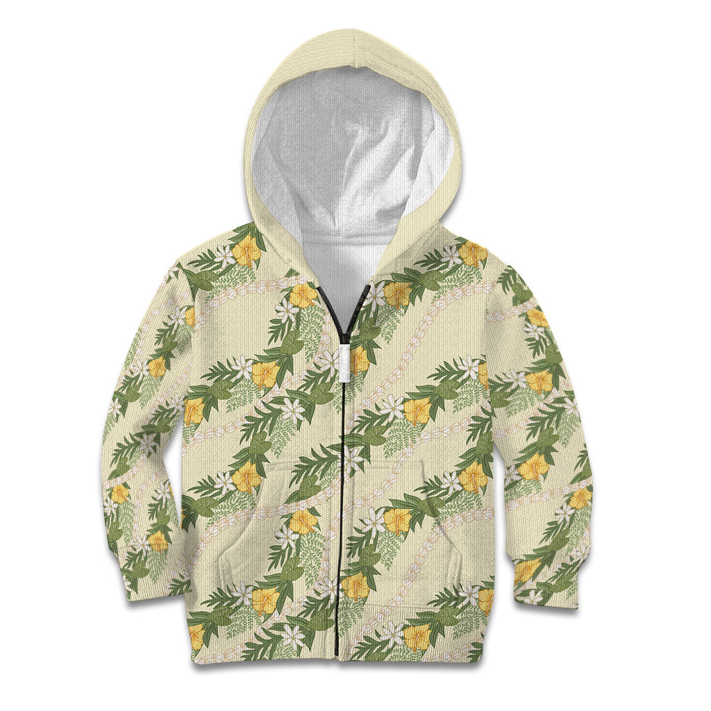 Hawaiian Pikake Maile Lei Kid Hoodie Tiare Hibiscus Kalo Palapalai Leaf Beige LT19 Zip Hoodie Beige - Polynesian Pride