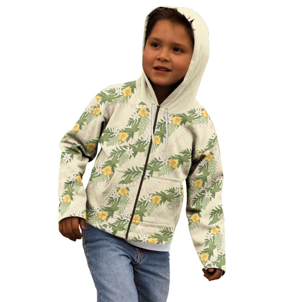 Hawaiian Pikake Maile Lei Kid Hoodie Tiare Hibiscus Kalo Palapalai Leaf Beige LT19 - Polynesian Pride
