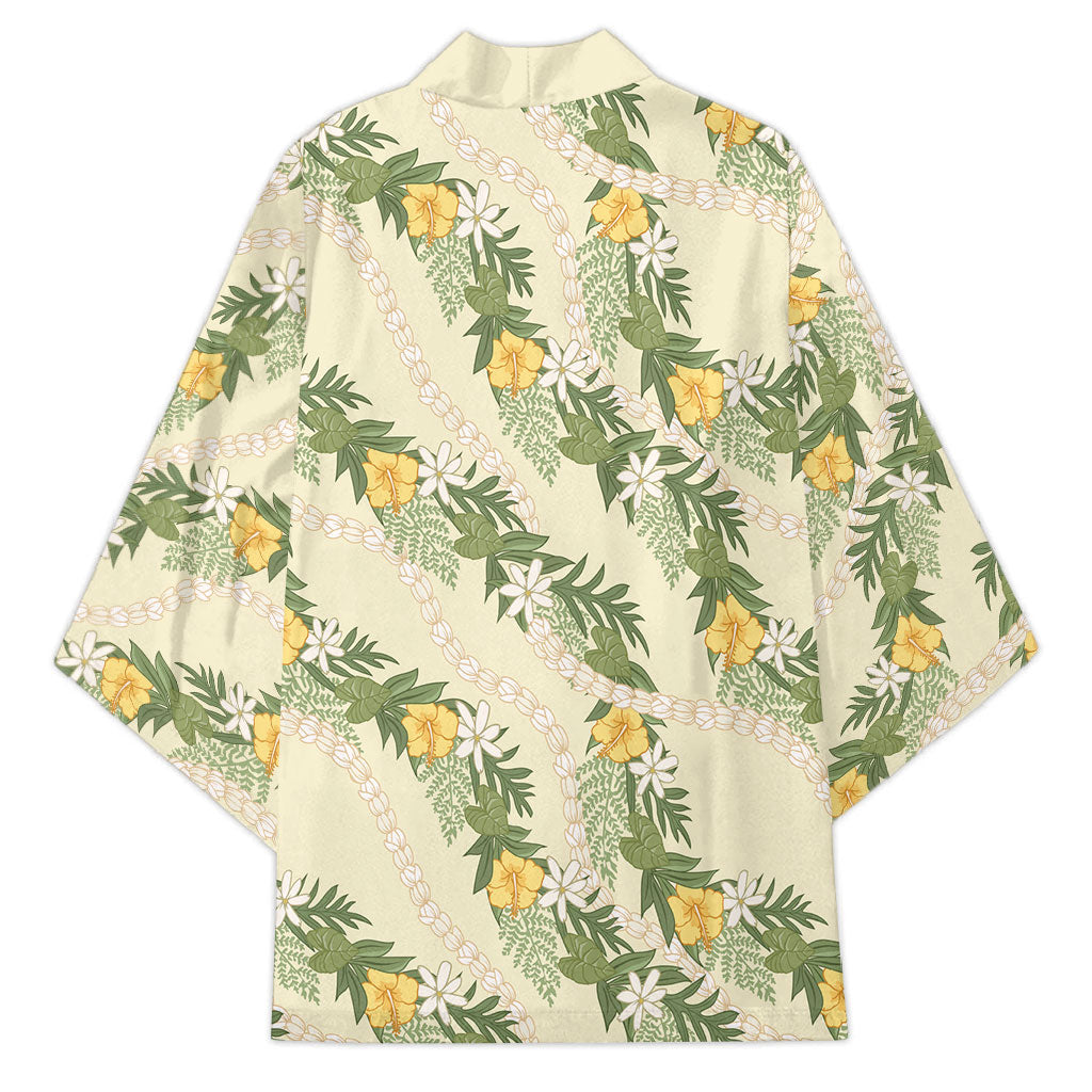 Hawaiian Pikake Maile Lei Kimono Tiare Hibiscus Kalo Palapalai Leaf Beige