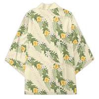 Hawaiian Pikake Maile Lei Kimono Tiare Hibiscus Kalo Palapalai Leaf Beige