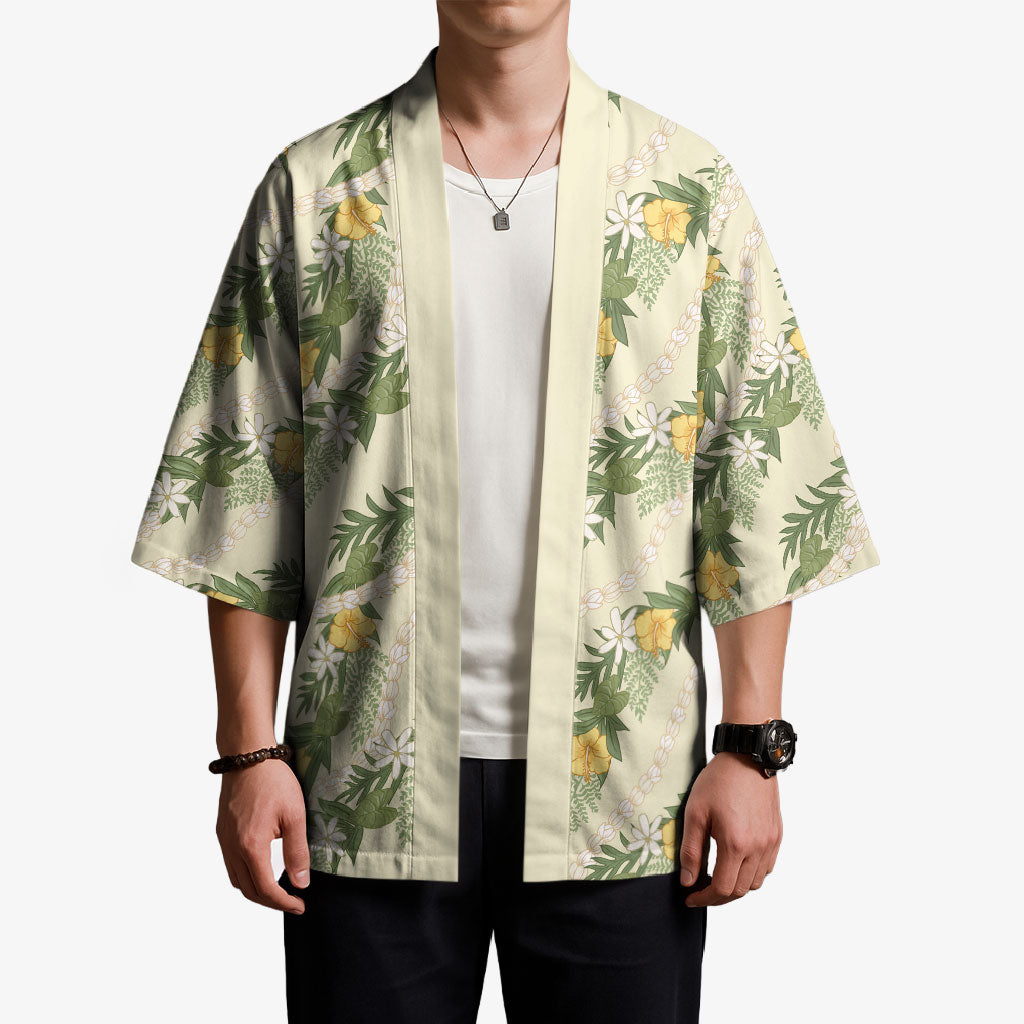 Hawaiian Pikake Maile Lei Kimono Tiare Hibiscus Kalo Palapalai Leaf Beige