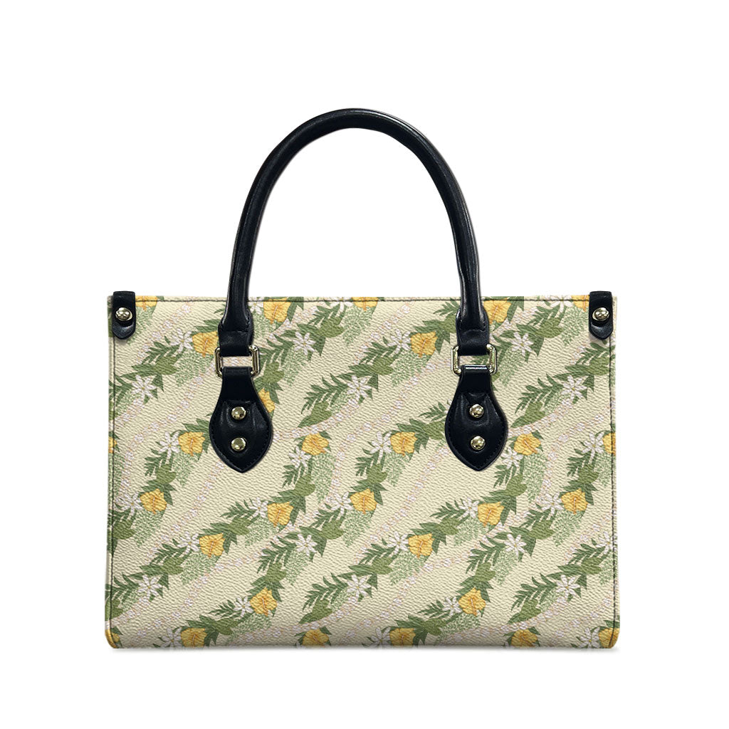 Hawaiian Pikake Maile Lei Leather Bag Tiare Hibiscus Kalo Palapalai Leaf Beige LT19 - Polynesian Pride