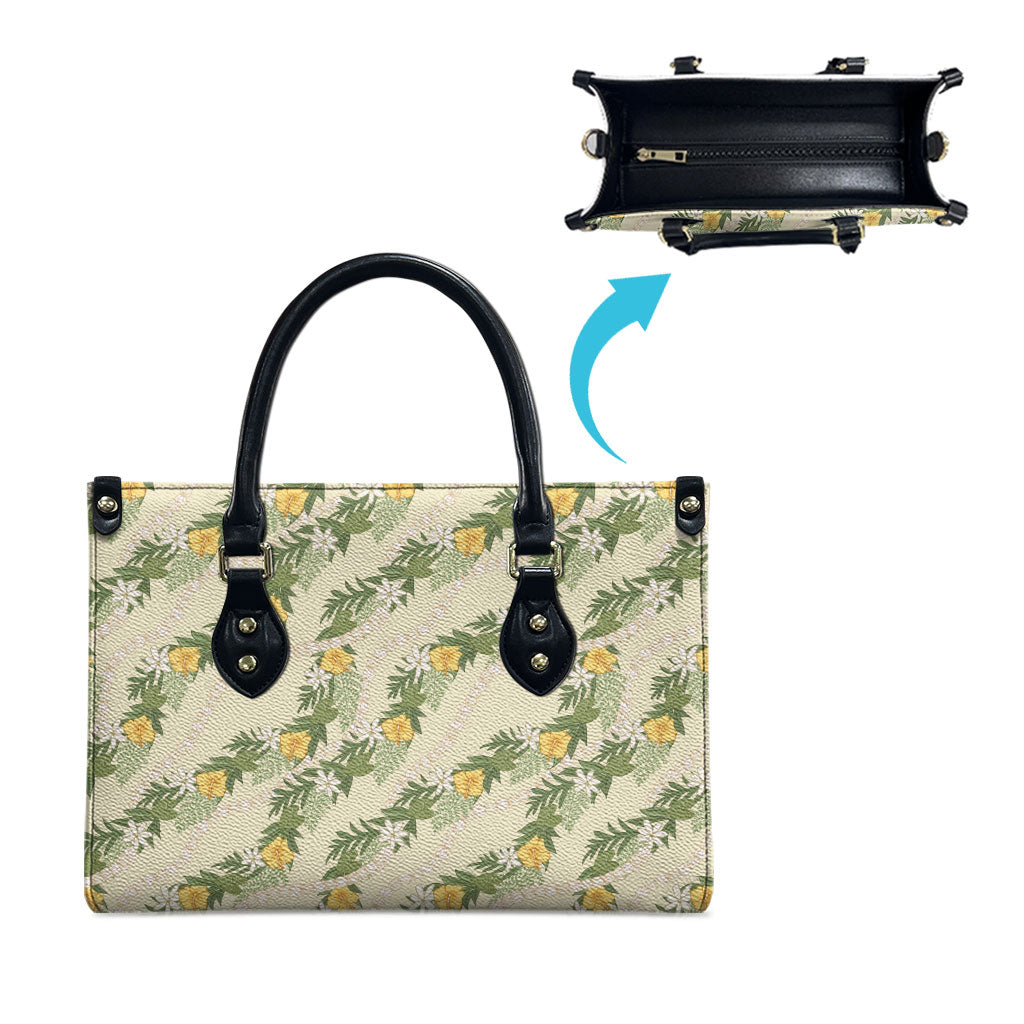 Hawaiian Pikake Maile Lei Leather Bag Tiare Hibiscus Kalo Palapalai Leaf Beige LT19 - Polynesian Pride