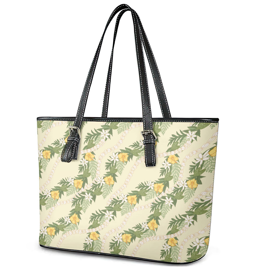 Hawaiian Pikake Maile Lei Leather Tote Bag Tiare Hibiscus Kalo Palapalai Leaf Beige