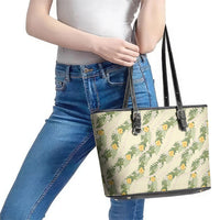 Hawaiian Pikake Maile Lei Leather Tote Bag Tiare Hibiscus Kalo Palapalai Leaf Beige
