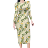 Hawaiian Pikake Maile Lei Long Sleeve Bodycon Dress Tiare Hibiscus Kalo Palapalai Leaf Beige