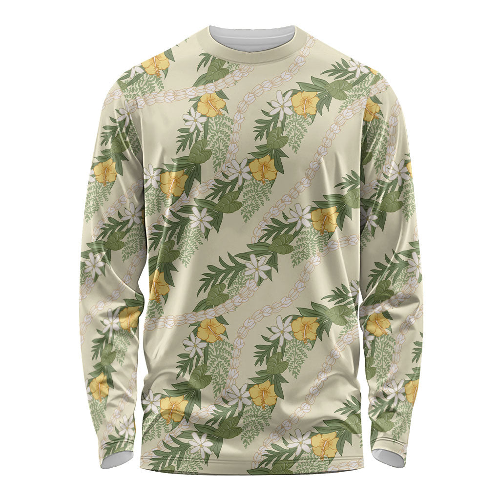 Hawaiian Pikake Maile Lei Long Sleeve Shirt Tiare Hibiscus Kalo Palapalai Leaf Beige