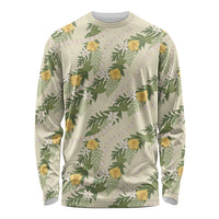 Hawaiian Pikake Maile Lei Long Sleeve Shirt Tiare Hibiscus Kalo Palapalai Leaf Beige