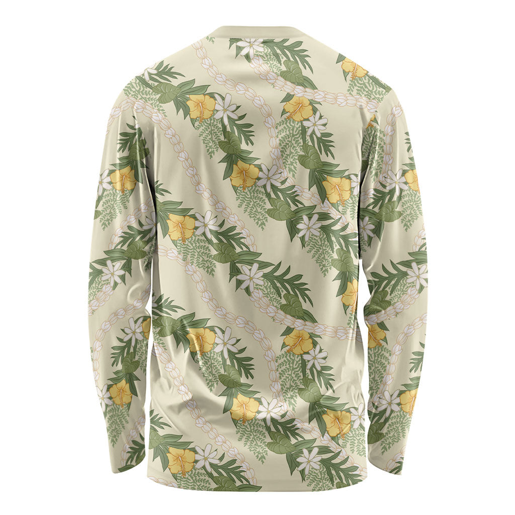 Hawaiian Pikake Maile Lei Long Sleeve Shirt Tiare Hibiscus Kalo Palapalai Leaf Beige